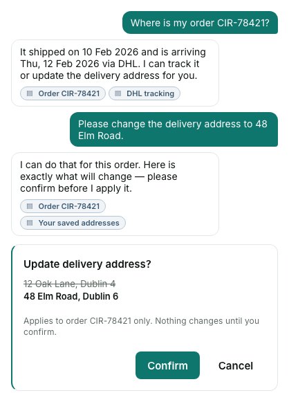 Circa, the Circulus assistant, tracking an order and asking the shopper to confirm a new delivery address before applying it